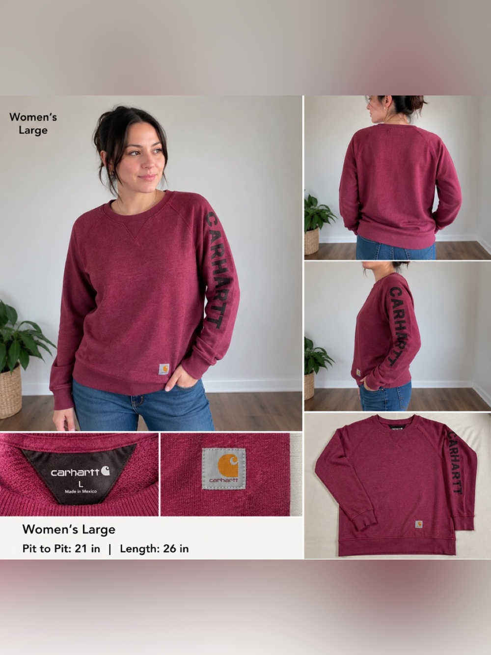 Carhartt Women's large Burgundy Crewneck Sweatshirt with Sleeve Logo